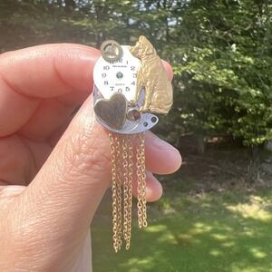 Vintage Sarah Jane Artisan Dog Assemblage Brass Watch Parts Brooch Steampunk‎ 2"
